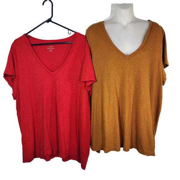J Crew Women's T Shirts Set of 2 3X Vintage V Neck Slub Cotton Tee Red Amber - Picture 1 of 10